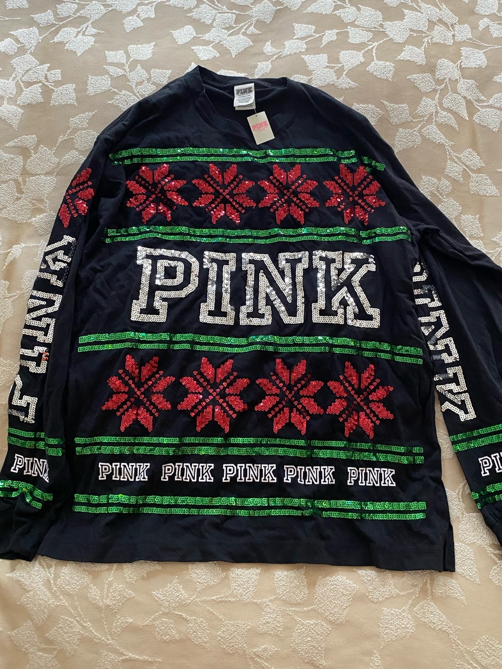 Vs pink tee sequin fair isle S NWT